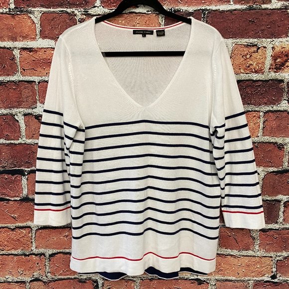 Jeanne Pierre Women's Light Sweater Size Large L V-Neck Striped White 3/4 Sleeve - Picture 1 of 7